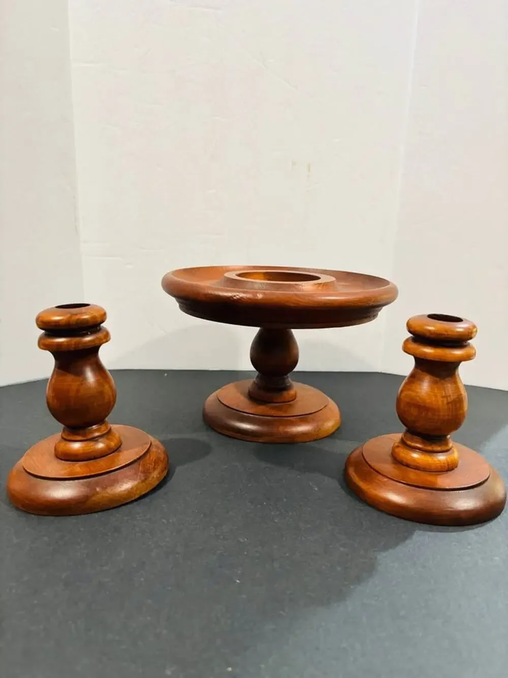 Vintage 3-Piece Turned Wood Candle Holder Set – Taper and pedestal